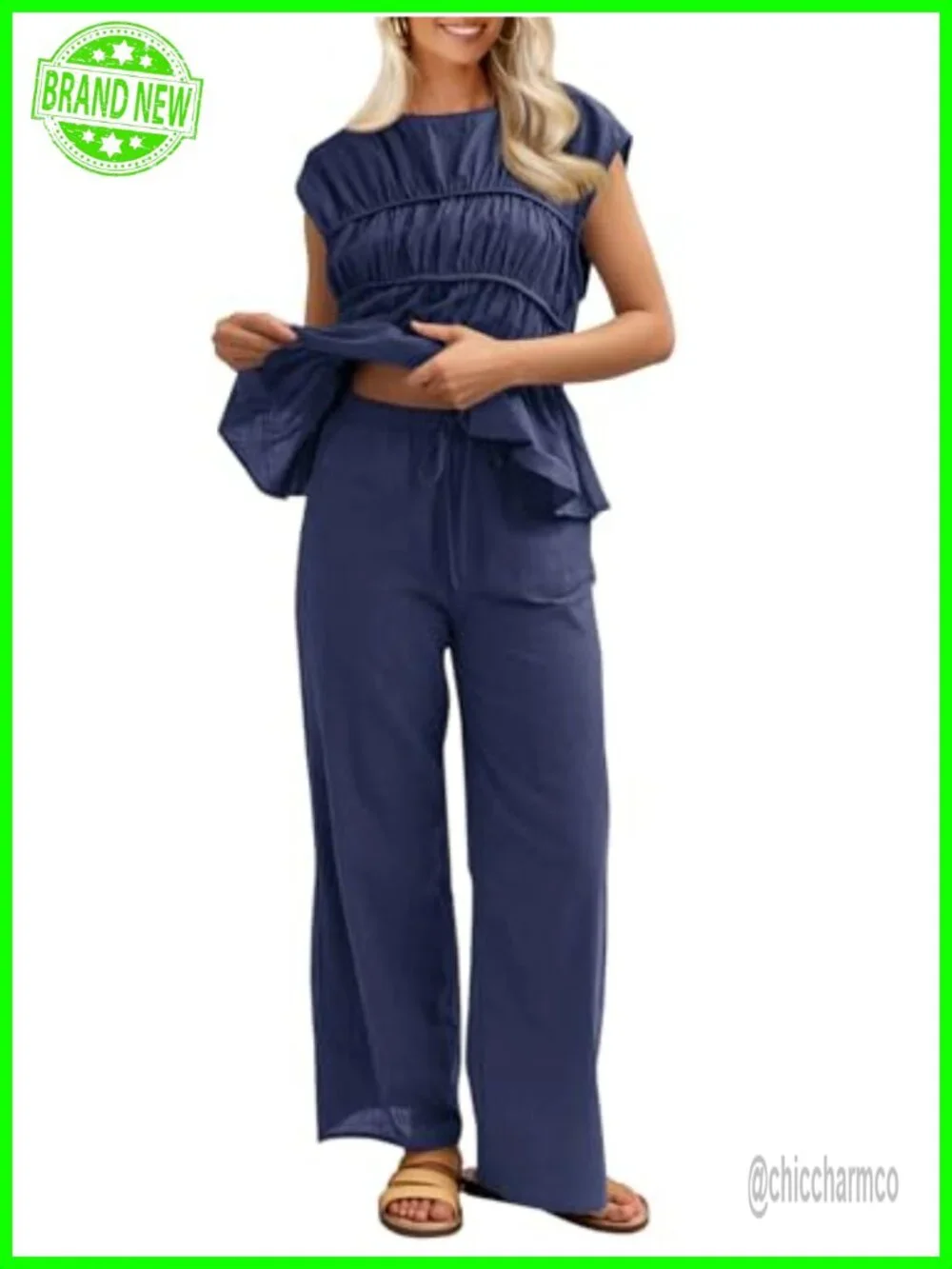 2 Piece Linen Babydoll Peplum Tank Top and Pants Set Summer Travel Outfits